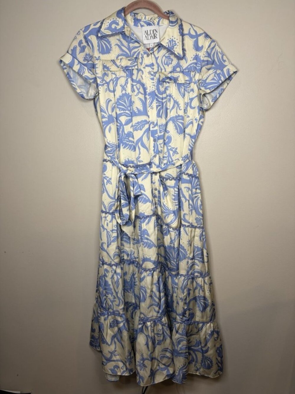 Alden Adair Rachel Dress Small Blue Floral Tiered Pleated Party Event NWOT